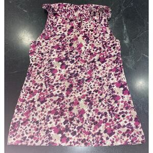 Ann Taylor SM sleeveless blouse ruffled neck, purple tones.